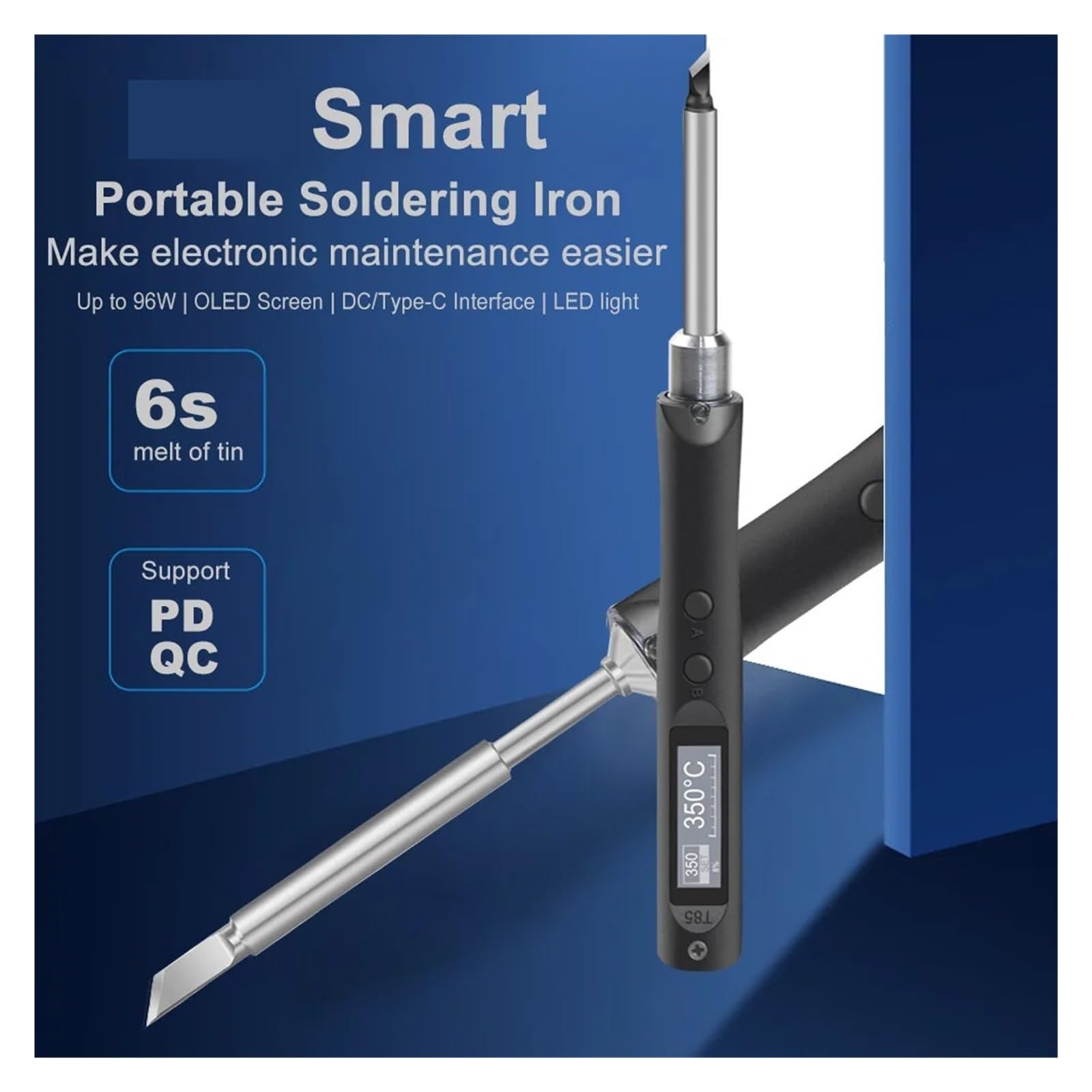 Kit De Soldador Eléctrico Hierro, Herramienta Reparación 96W, Estación Soldadura, Lápiz Calor, Puntas Pistola For Soldar Portátiles Inteligentes Calentamiento Preciso(With charger 2pc tip)
