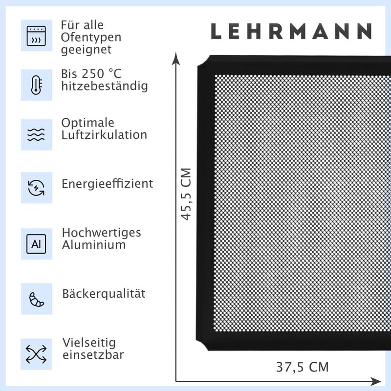 LEHRMANN Lochblech 45,5 x 37,5 cm mit Antihaftbeschichtung Backblech Kuchenblech Baguetteblech Pizzablech Kompartibel/Ersatz für Backofen Bosch Neff Siemens
