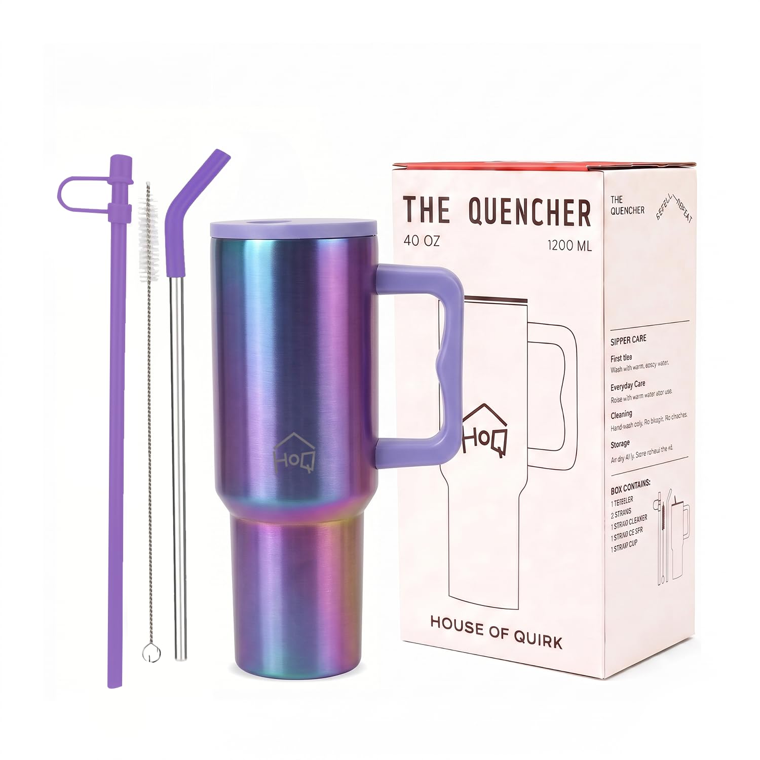 House of Quirk 1200ML Stainless Steel Tumbler with Handle & Lid, 2 Straws – Large Travel Mug Water Cup for Gym, Office & Outdoor Use (Jade)