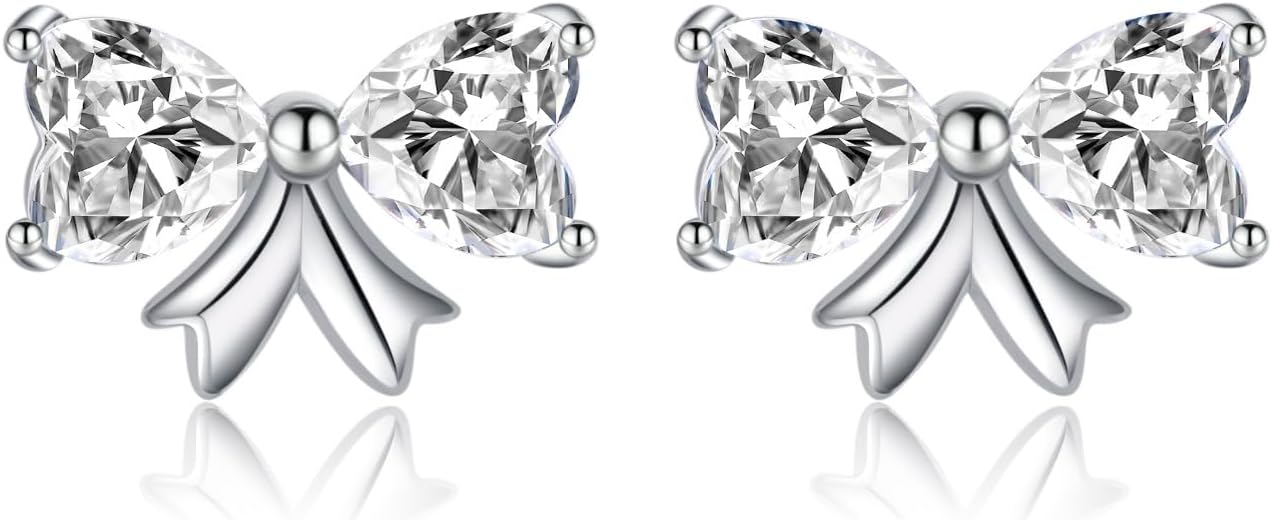 SLUYNZ Sterling Silver CZ Bow Stud Earrings for Women Teens Small Love Bow Stud Earrings for Valentines Day
