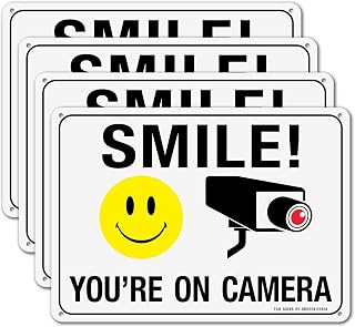 Smile You're on Camera Sign, No Trespassing Warning Sign, Video Surveillance Sign - 4Pack - 7 x 10 Inches Rust Free .040 Aluminum - Reflective - UV Protected, Waterproof, Weatherproof and Fade Resistant - 4 Pre-drilled Holes