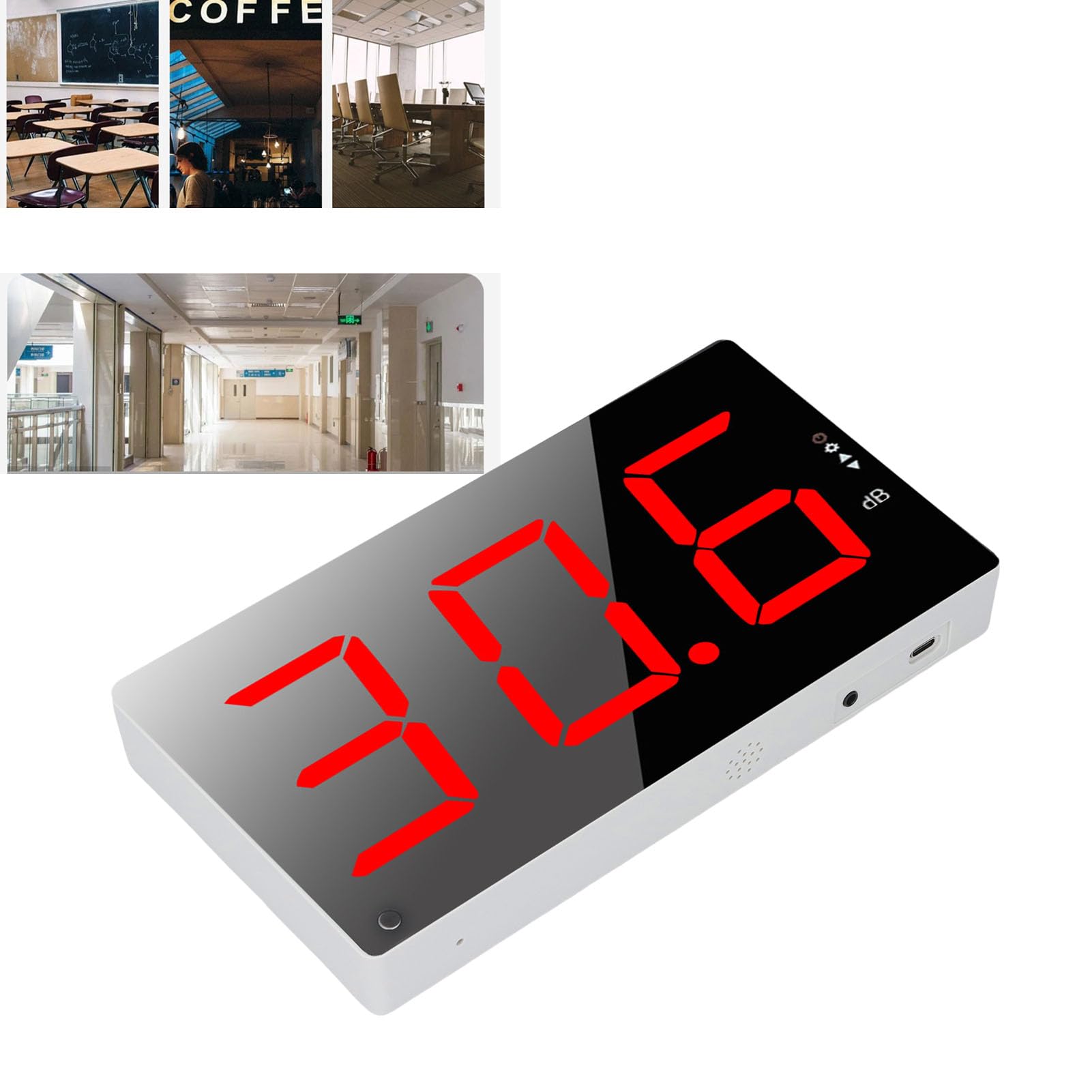 SIXRUN Fonometro, Misuratore di Decibel Digitale Montato A Parete con Display LCD da 3,0 Pollici, Ponderazione da 30 A 130 DB A, Allarme Acustico e Porta da 3,5 Mm per Aula Ufficio Ospedale
