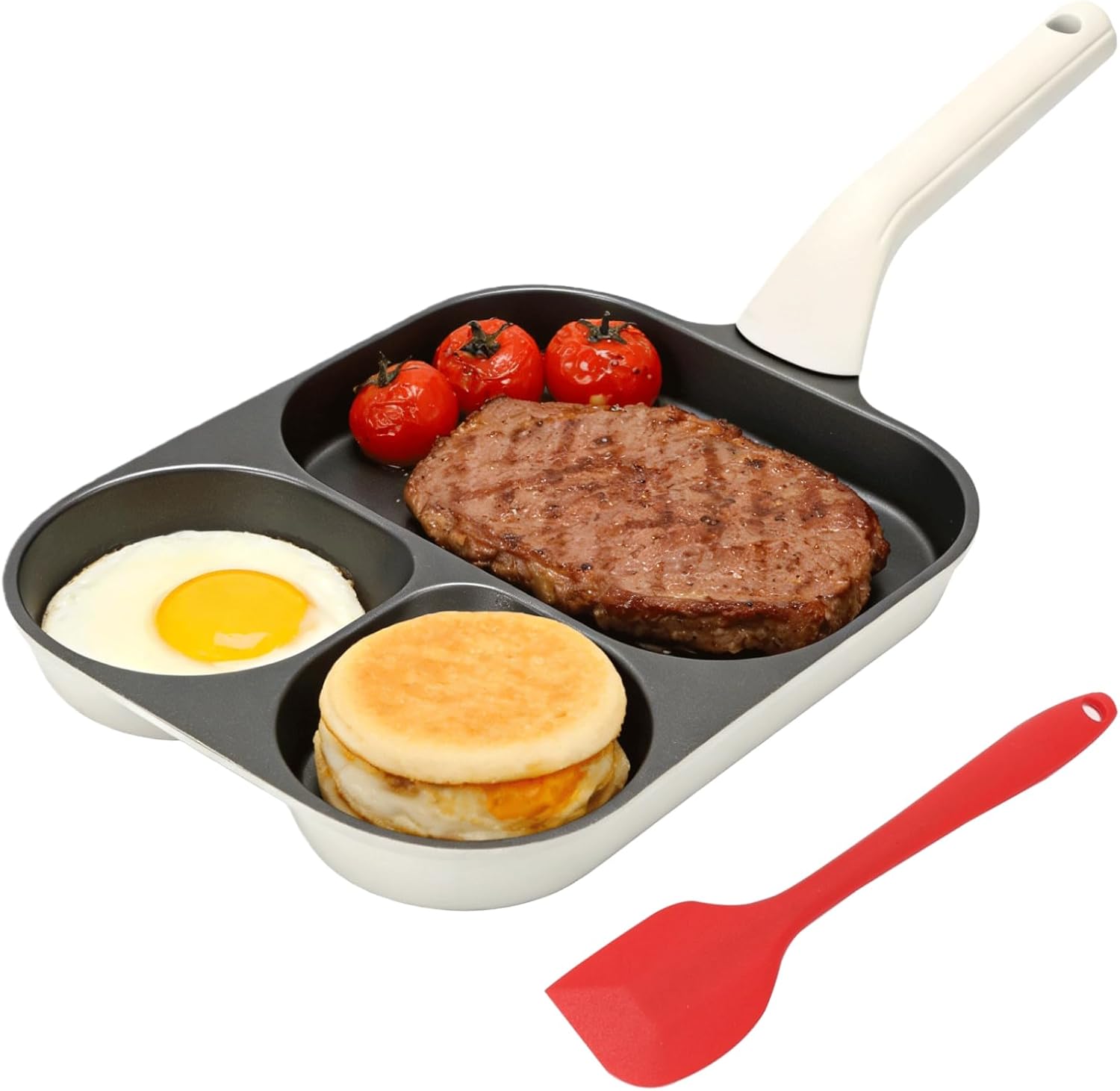 3-in-1 Nonstick Egg Frying Pan, Aluminum Alloy Divided Breakfast Skillet, Pancake Omelette Pan with Anti-Scalding Handle, Includes Silicone Spatula and Brush