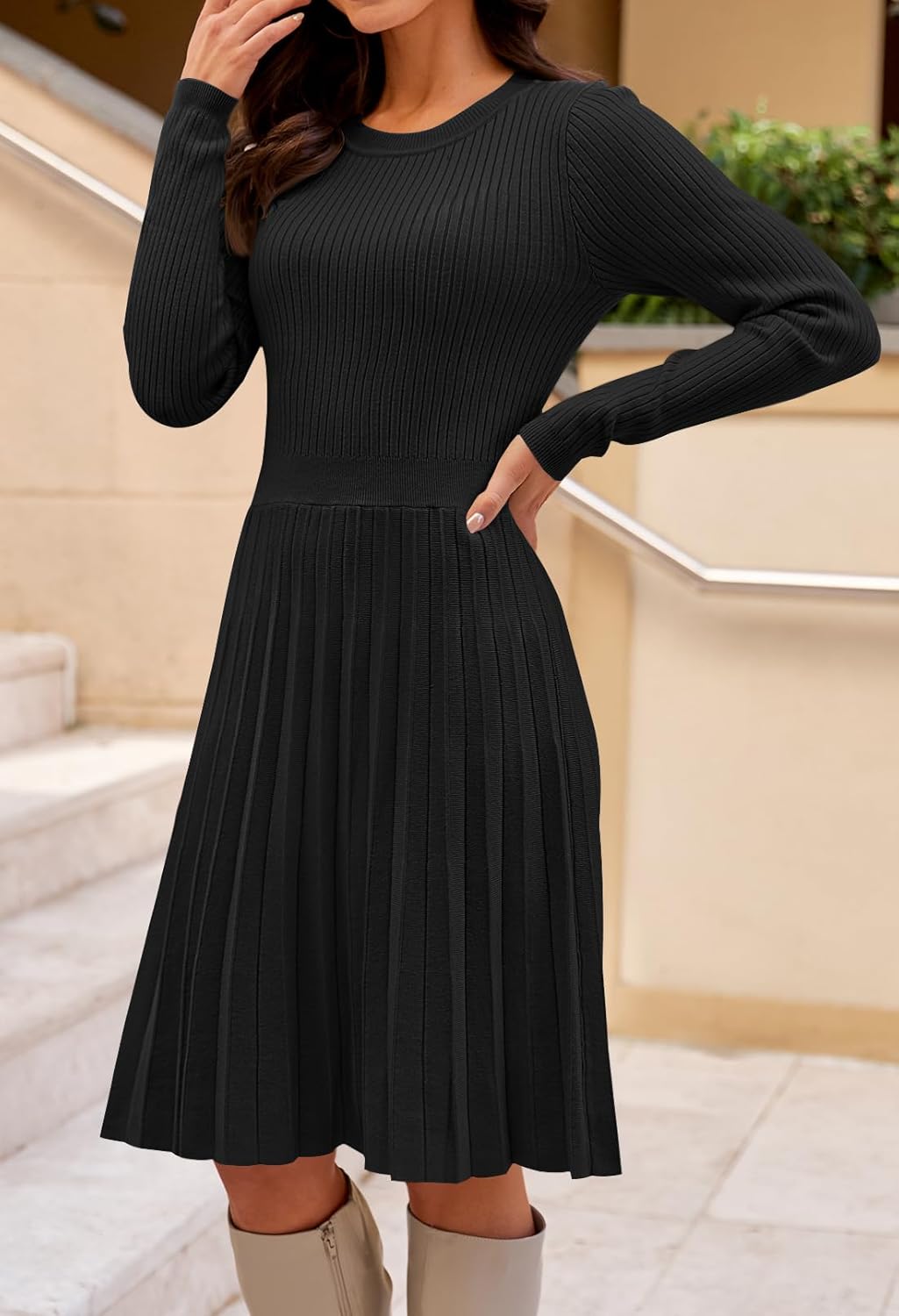 MEROKEETY Women's 2025 Long Sleeve Mini Sweater Dress Crewneck Ribbed Knit A Line Pleated Swing Short Dresses - Image 2
