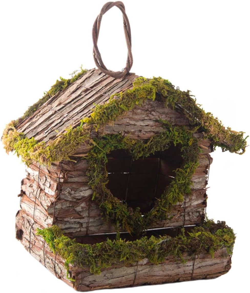 Operitacx Hanging Wooden Birdhouse with Moss Bark Nest Creative Garden Birds Shelter for Backyard Wildlife Natural Rustic Bird Nest for Sparrows