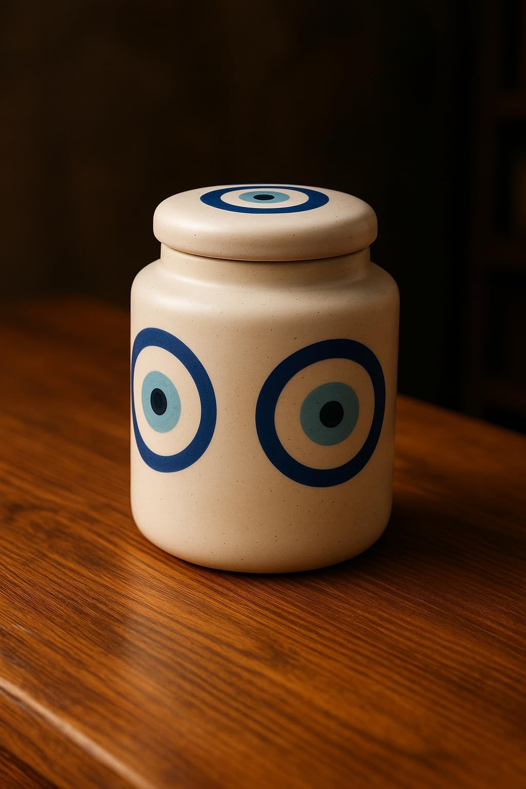 White Ceramic Storage Jar with Evil Eye Design for Home Office and Gift Use | Airtight Lid Container | Stores Spices Herbs Trinkets | Stylish Decorative Kitchen Jar with Lid