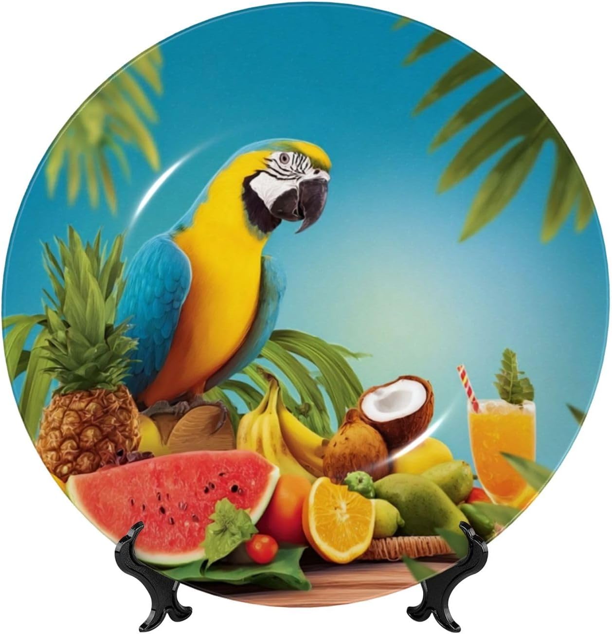 Bone China Decorative Plate with Display Summer Parrot Ceramic Plates Crafts Art Decor Dessert Plate Ceramic Ornament Porcelain Plates for Living Room Kitchen Table Home Decor