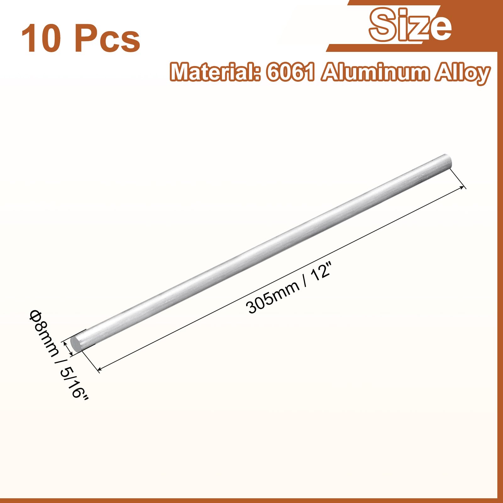 QUARKZMAN 10Pcs Diamètre 5/16"(8mm) Tige Ronde En Aluminium, Longueur 12"(305mm) Tige Ronde 6061 En Aluminium Plein Barreau De Tour Pour Industry Construction DIY Crafts