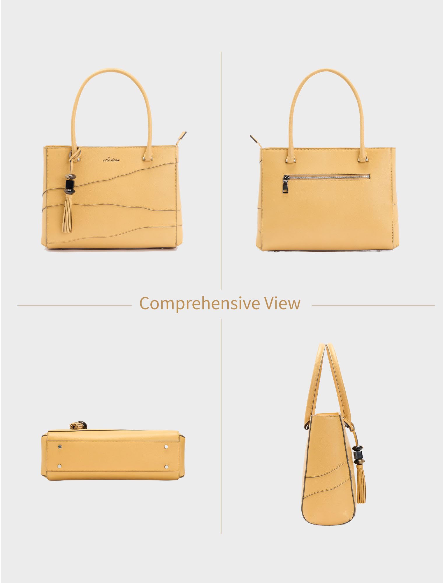 celestina Nappa Leather Tote Handbags for Women Genuine Leather Large Shoulder Handbag Work Purse Yellow Tote Bags Elegant Durable Design Spacious with YKK Zipper
