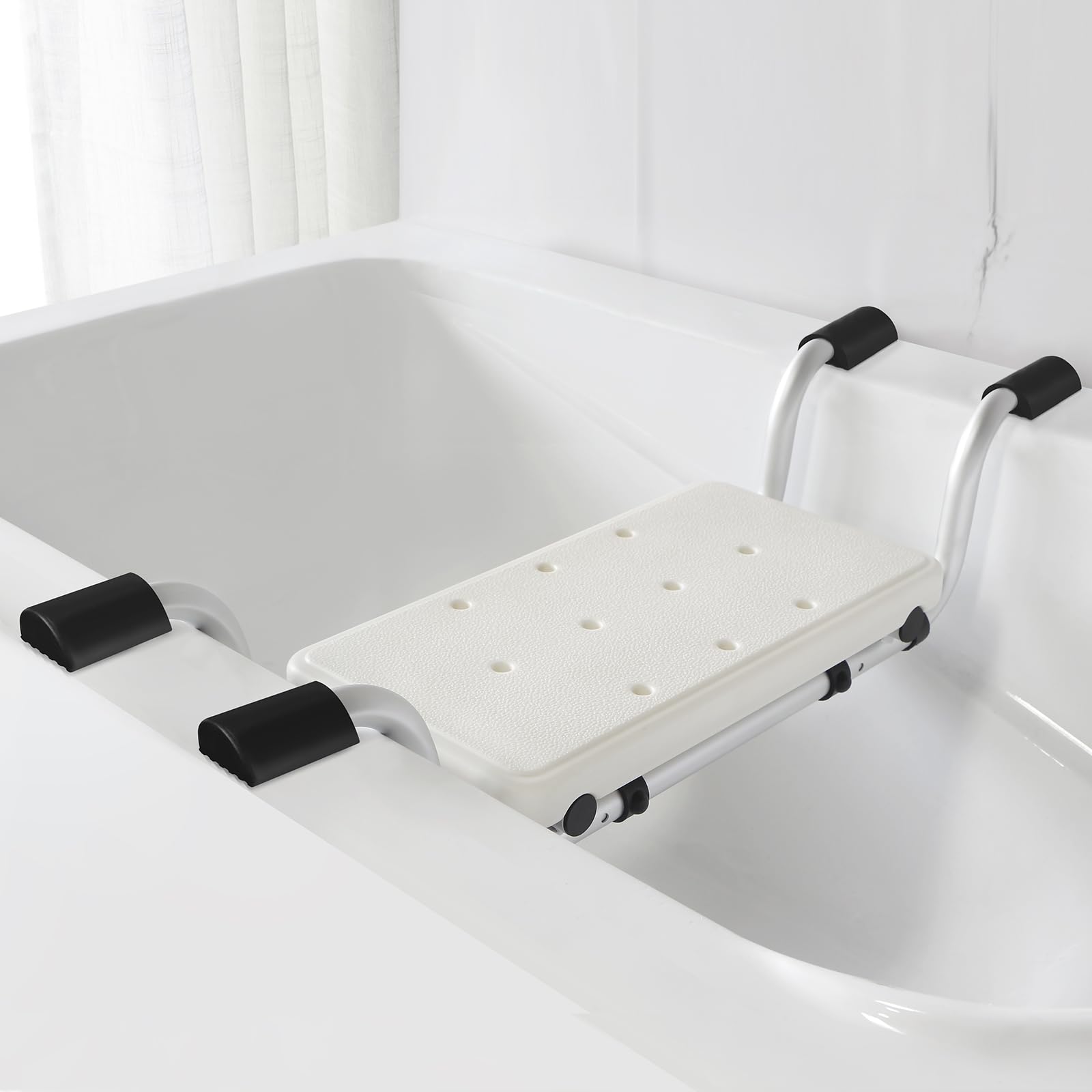 Sedile per vasca da bagno per anziani, testa antiscivolo, per doccia, vasca da bagno, piedini semicerchi in gomma con superficie antiscivolo, in alluminio, portata fino a 120 kg, colore nero