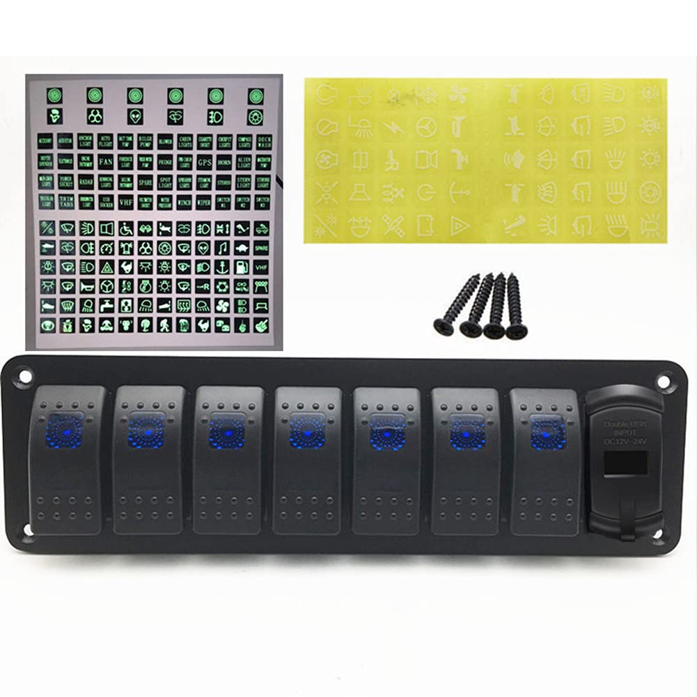 Bostar Panel de Interruptor de 8 Entradas con 2 Cargador USB Súper Rápido 4.8A, Interruptor Basculante Marino para Barco y Coche 12V-24V,8 Gang Panel de Interruptores Basculantes