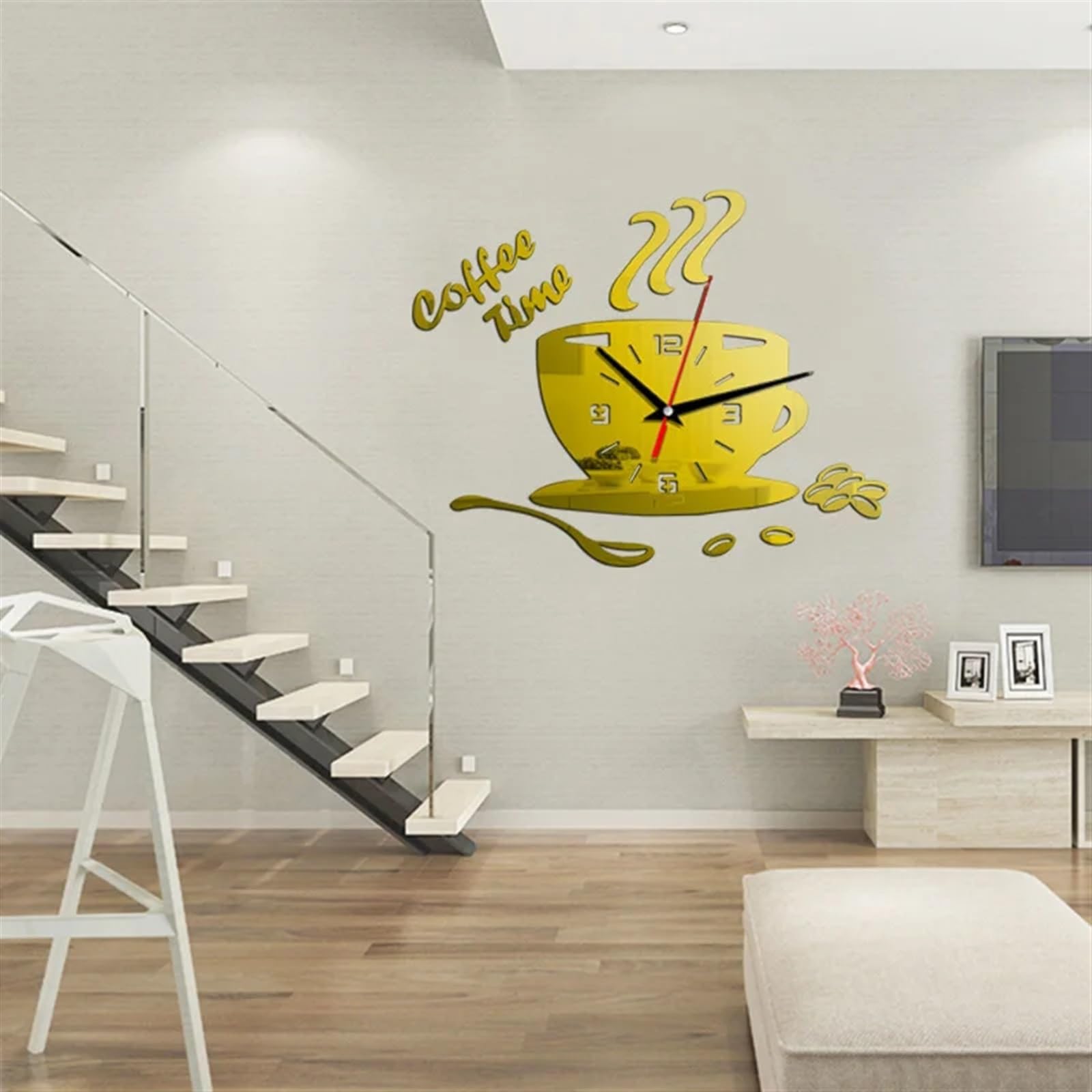 Horloge Murale créative Horloge Murale créative en Forme de Tasse à café, Autocollants Miroir 3D for décoration Murale de Cuisine et de Maison(Blue)