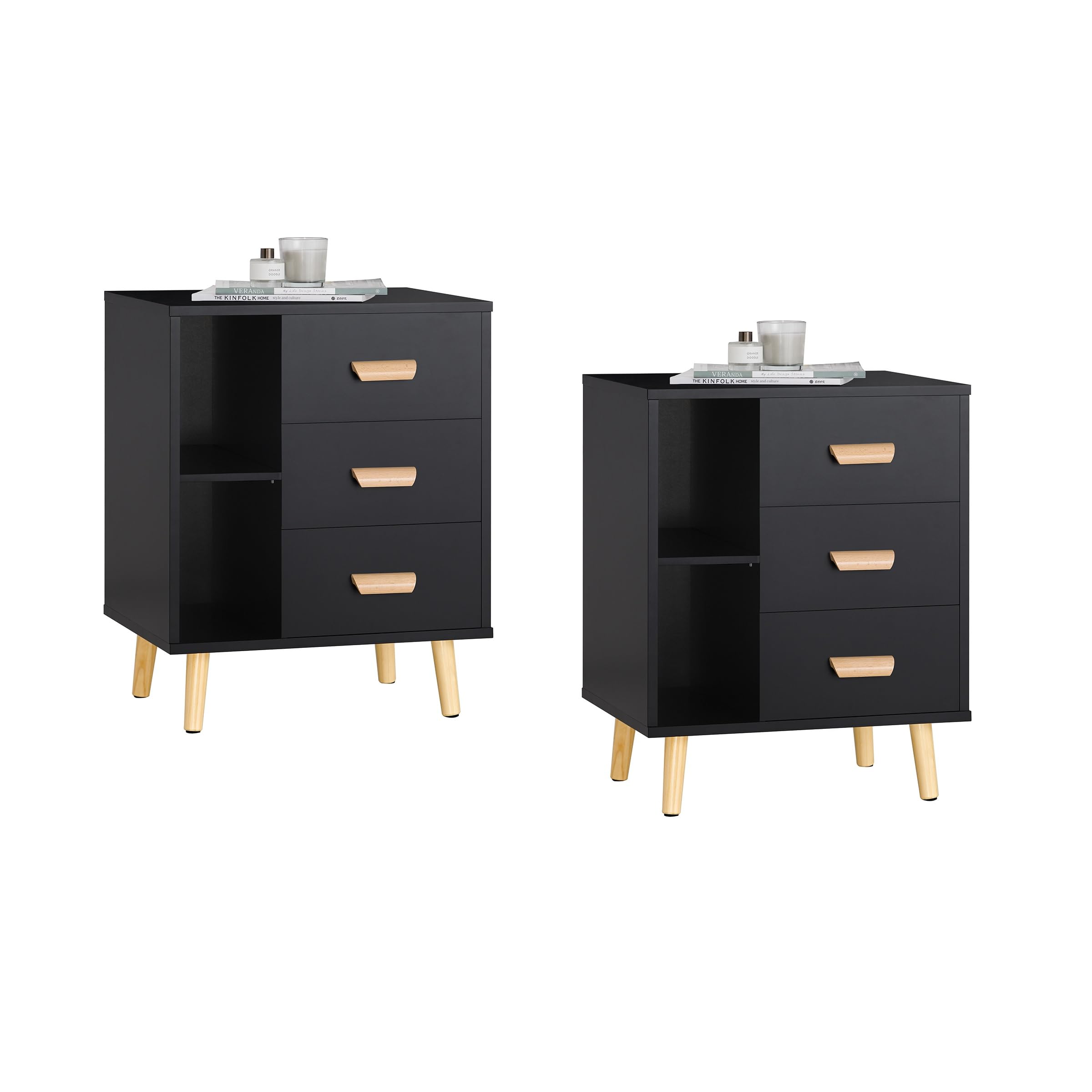 SoBuy FBT95-SCHx2 Set de 2 Mesas Auxiliares Mesita de Noche con 3 Cajones Mesa para Salón Comedor con 2 Estantes 48 x 40 x 60 cm Negro ES