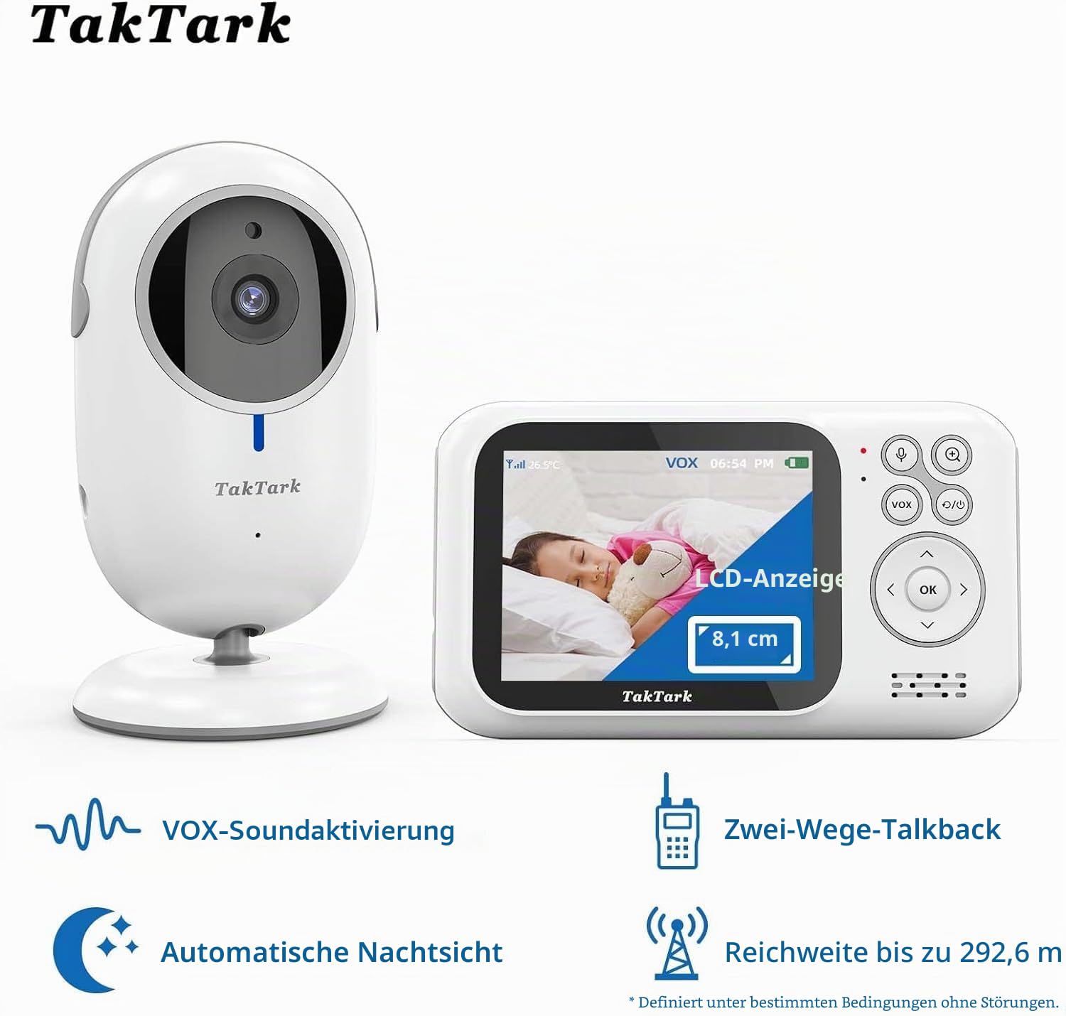 TakTark Babyphone mit Kamera, Babyfon mit 3.2'' Video Baby Monitor, Kamera und Audio Babyphone mit Zoom, VOX Funktion, Gegensprechfunktion, Nachtsicht, Temperaturüberwachung