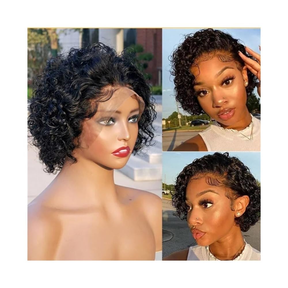 Haaraufsätze Pelucas de Cabello Humano 6 Pulgadas, Cortas, rizadas, con Encaje Frontal, Ondas al Agua, Estilo Bob 13x1