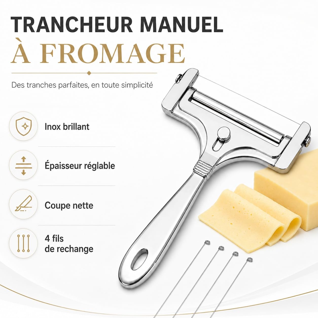 Trancheur à fromage manuel inox 4 fils de rechange réglable coupe-beurre portable argent brillant