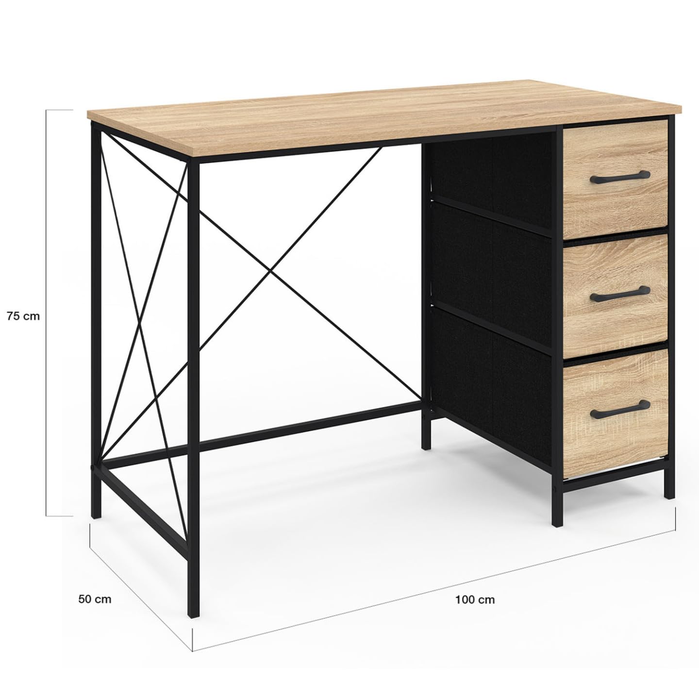 IDMarket - Bureau 3 tiroirs en Tissu Utah Bois et Noir Design Industriel