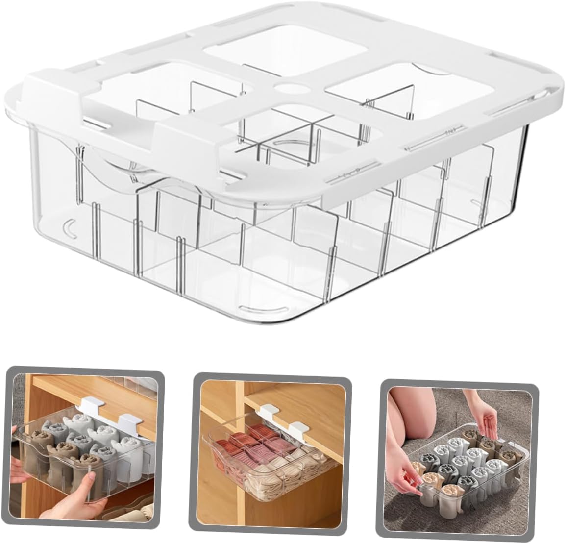 Transparent Compartment Adhesive Under Shelf Storage Box for Socks and Underwear Space Saving Drawer Organizer for Closet Wardrobe and Cabinet Neatness