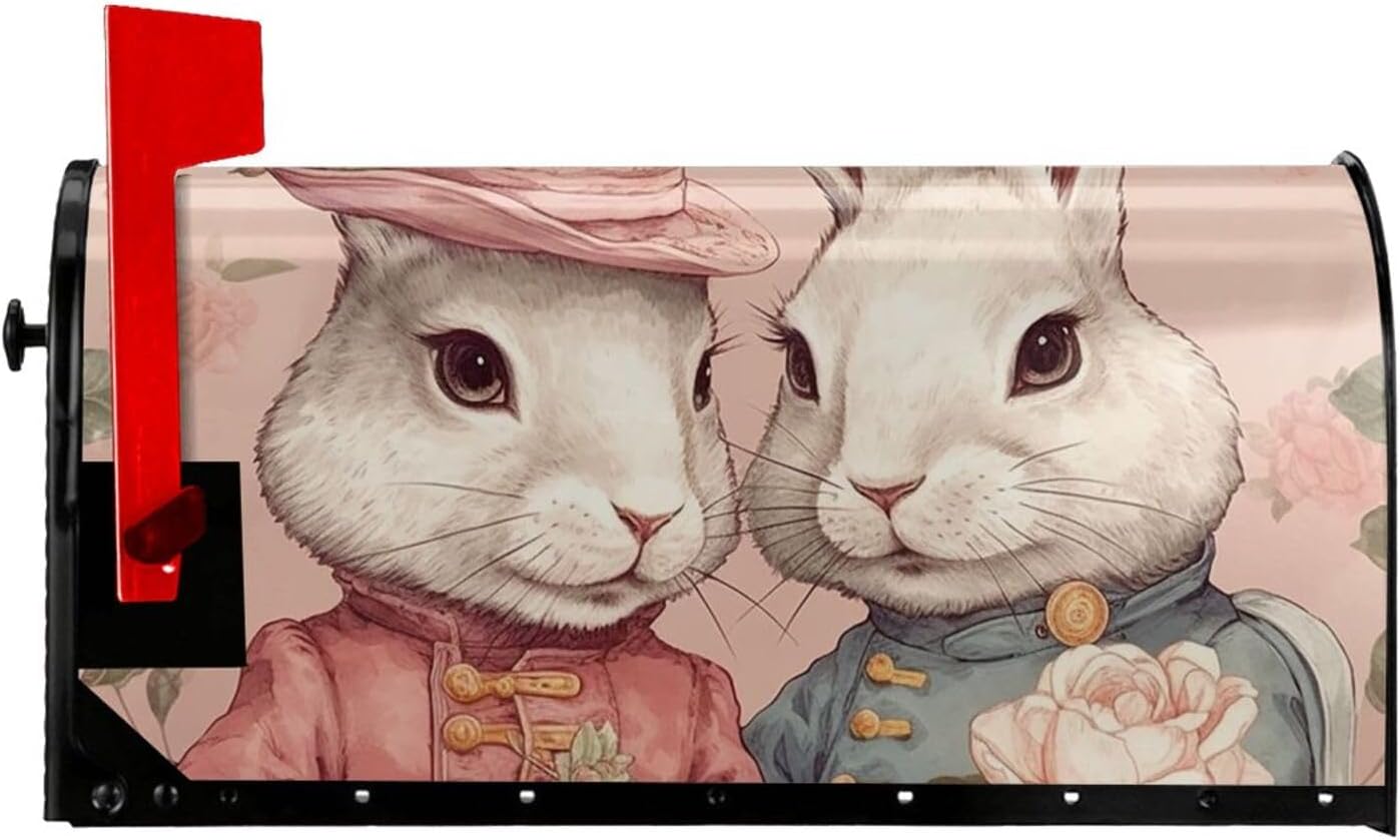 Mailbox Cover Mailbox Wraps Post Letter Box Cover Rabbit Sitting on Rose Mailbox Post Cover for Garden Yard Decor 25.5x21 in, White, B54N5H4JHGHI