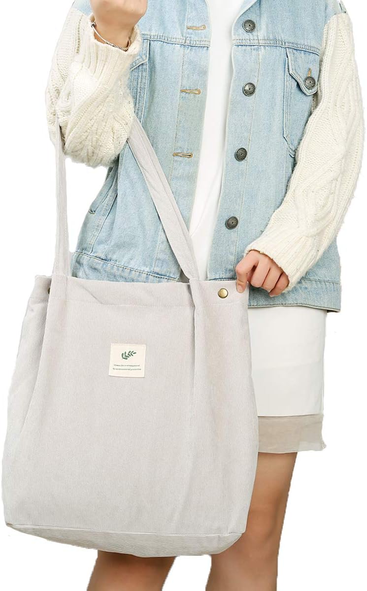 Cloele Corduroy Tote Bag for Women Girls Kids Shoulder Bag with Inner Pocket For Work Beach Lunch Travel And Shopping Grocery (Grey)