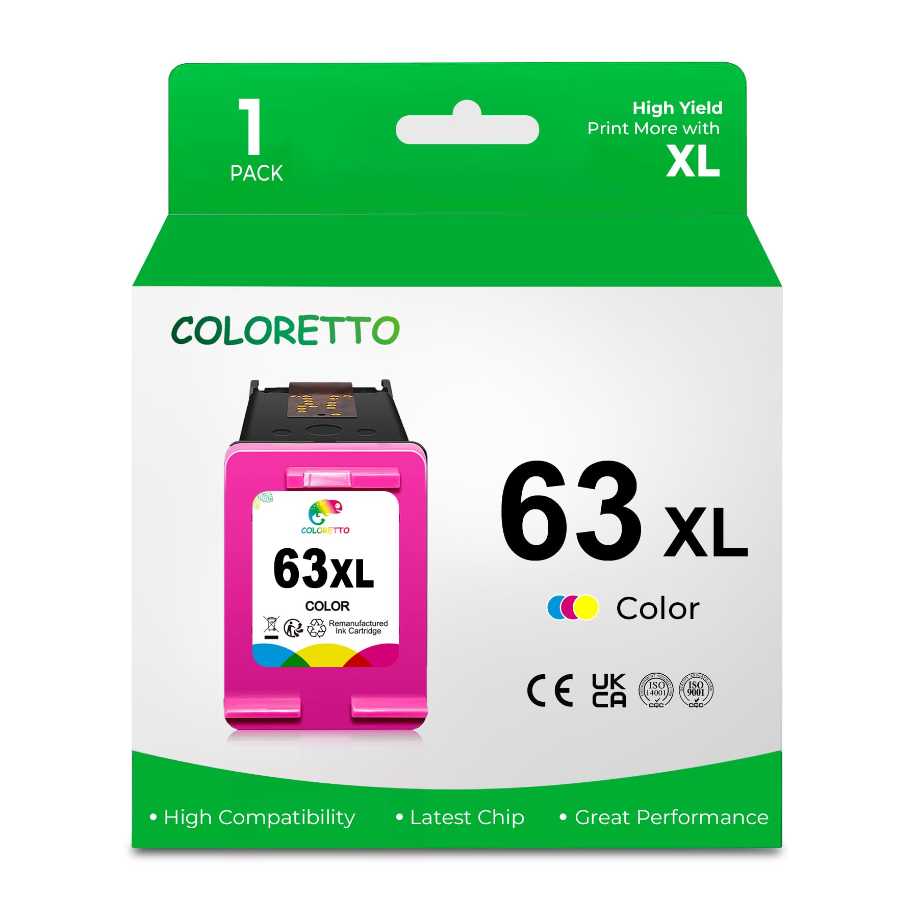 COLORETTO 63XL Color Ink Cartridge Replacement for HP 63 Color Ink Cartridge Compatible with Officejet 4650 3830 5255 5258 4655 5200 Envy 4512 4520 4516 Deskjet 1112 3630 2130 Printer Ink for HP 63 XL