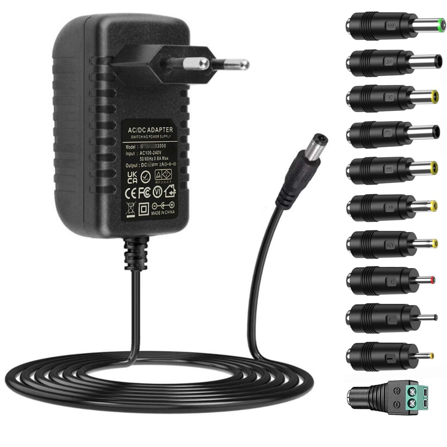Alimentatore DC 24V 2A con 11 connettori DC a punta, convertitore AC a DC 24V 2Amp 1.5A 1A, trasformatore per strisce LED, luci, fotocamere, PC, display, monitor, altoparlanti, dispositivi 24V