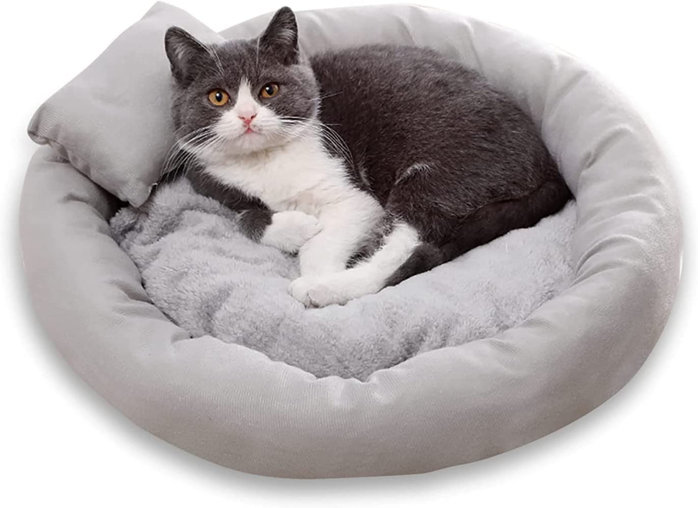 Coussin rond pour chat en peluche grise taille L pour salon