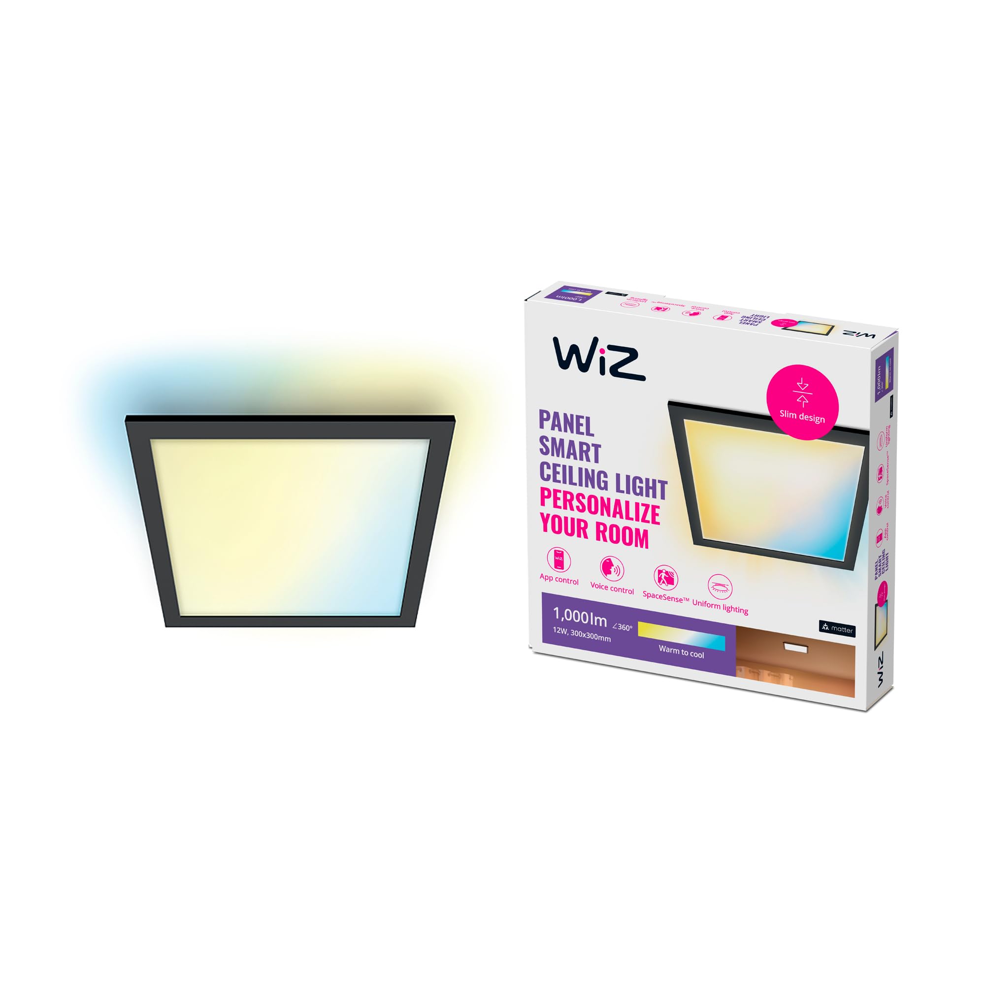 WiZ Panel Deckenleuchte Tunable White, dimmbar, 1000lm, 300 x 300 mm, warm- bis kaltweiß, quadratisch, smarte Steuerung per App/Stimme über WLAN, schwarz