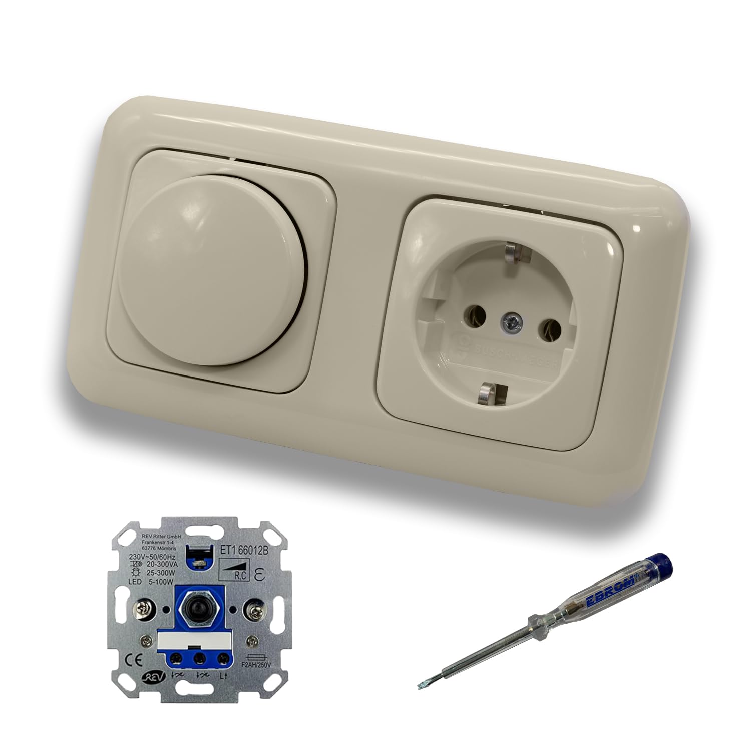 REV Ritter LED Drehdimmer Dimmer + Busch Jäger Dimmerscheibe 2115-212 und Steckdose 20EUC-212 in DURO2000 cremeweiß glänzend inklusive EBROM Phasenprüfer zur Montage der Geräte ET1 66012B