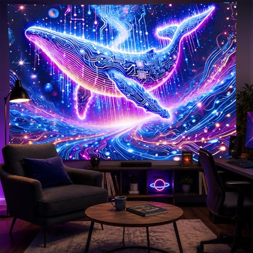 Image of BlissYard Whale Circuit Blacklight Tapestry 78x59 Inch Futuristic Ocean Animal Blacklight Tapestry Glow in The Dark Wall Hanging Neon Whale Decor for Bedroom Living Room Dorm Party Art