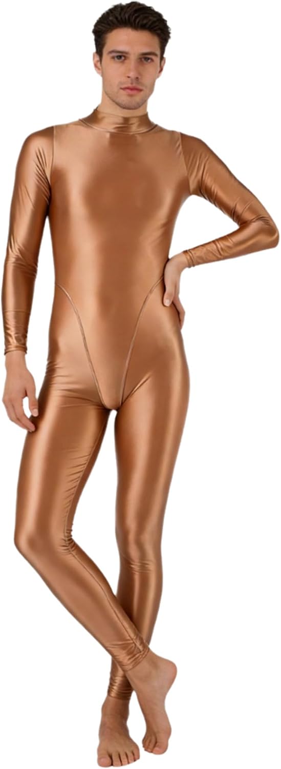 Jhaoyu Mens Solid Color Glossy Gymnastics Unitard Long Sleeve Back Zipper Footed Leotard Sportwear