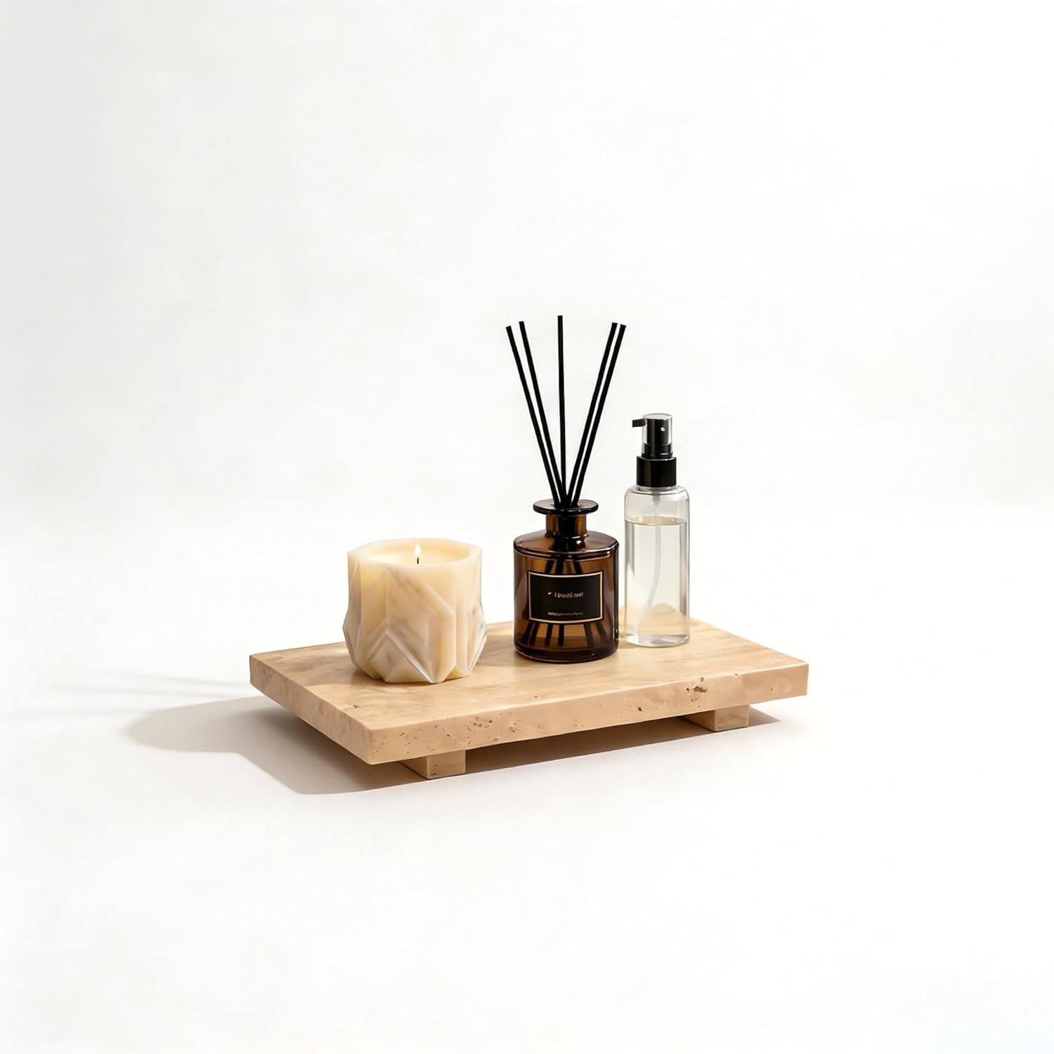Marble Pedestal Stand, Bathroom Vanity Counter Organizer, Jewelry and Soap Display Stone Tray (Beige)