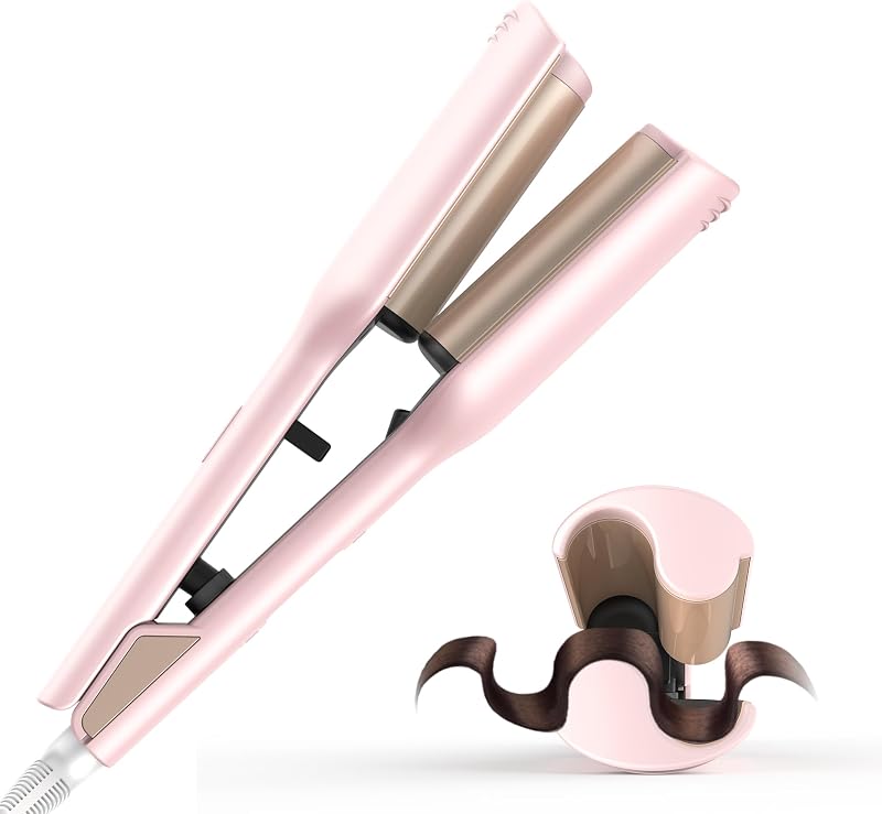 Herramienta para el cabello Waver, mini rizador Waver, rizador de pelo, rizador de pelo, varita rizadora iónica de onda profunda con 2 barriles de cerámica para mujeres, doble voltaje, fácil de usar, rosa, 1,25 pulgadas