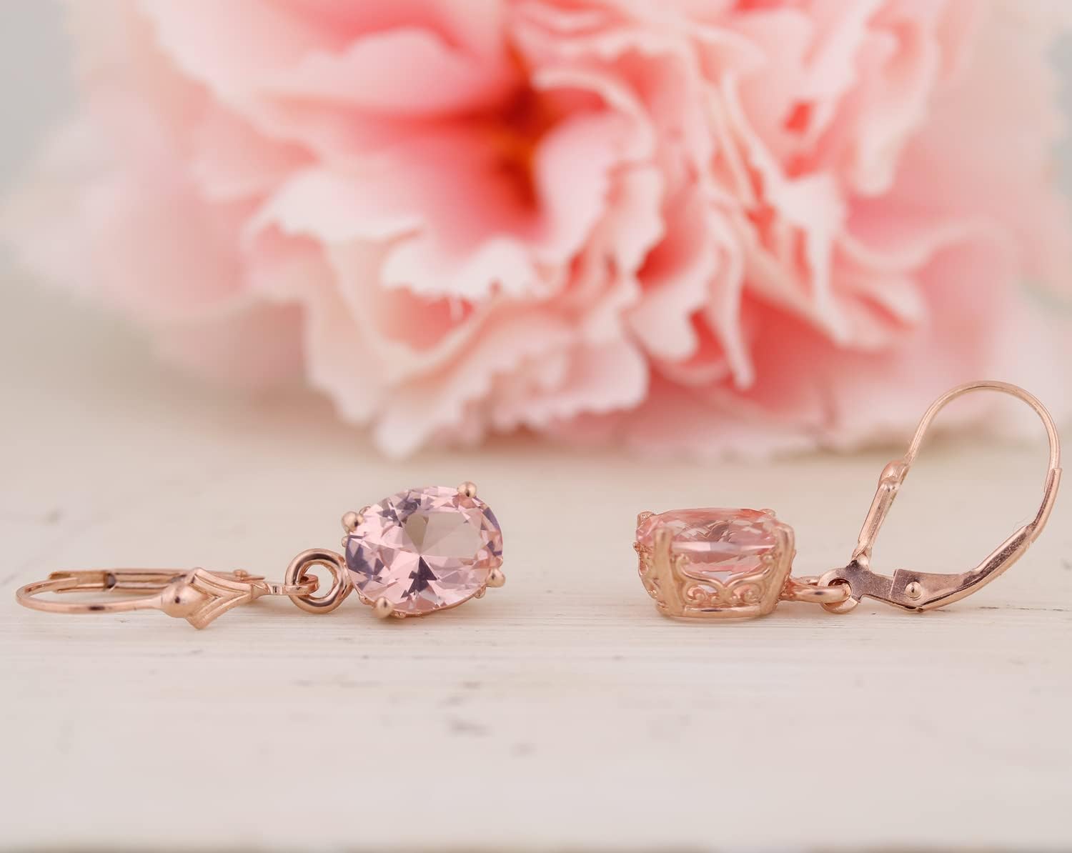 GNGJewel Peach Nano Morganite Dangle Lever back Earrings in Silver Silver with Rose Gold Plating