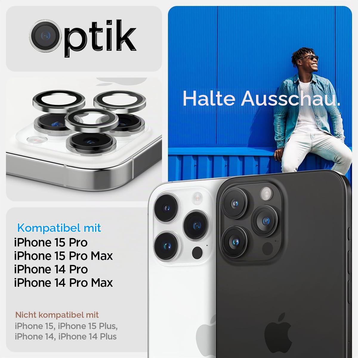 Spigen Apple iPhone 15 Pro / 15 Pro Max / 14 Pro / 14 Pro Max Kamera Lens Glass Protector Glas.tR EZ Fit Optik Pro (2 Stück) Silver - AGL05599