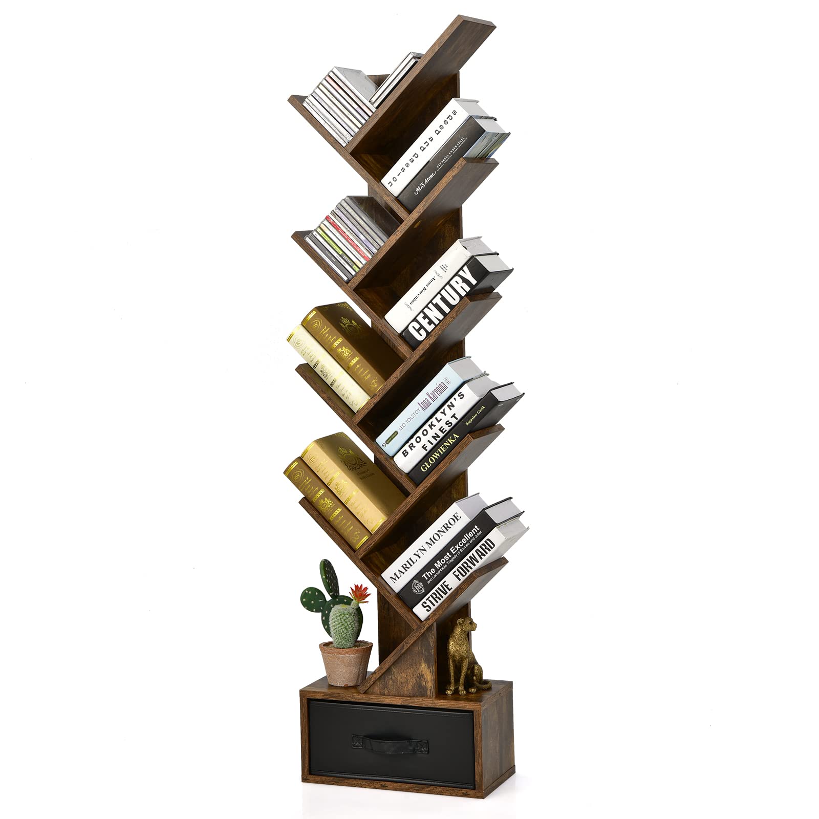 Bibliothèque En Forme D'Arbre - 10 Niveaux, Avec Tiroir - 38x20x149,5 Cm - Bois, Pour Chambre, Salon, Bureau