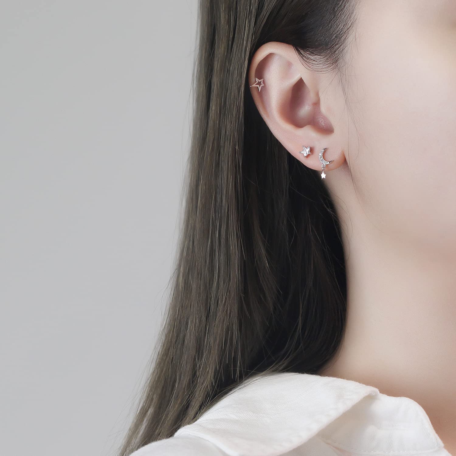 Set di orecchini a forma di stella lunare in argento 925 Orecchini minimalisti e delicati Perfetti per piercing multipli, Argento