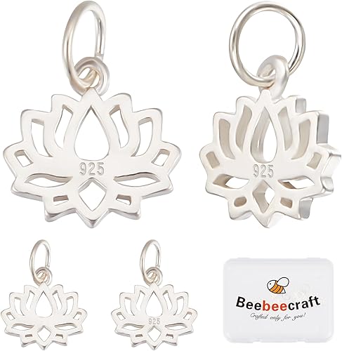 Beebeecraft 1 caja de 5 dijes de flor de loto de plata de ley 925 estilo tibetano plano redondo con anillo de salto para bricolaje, collar, pulsera, Beebeecraft 1 caja de 5 dijes de flor de loto de plata de ley 925 estilo tibetano plano redondo con anillo de salto para bricolaje, collar, pulsera,