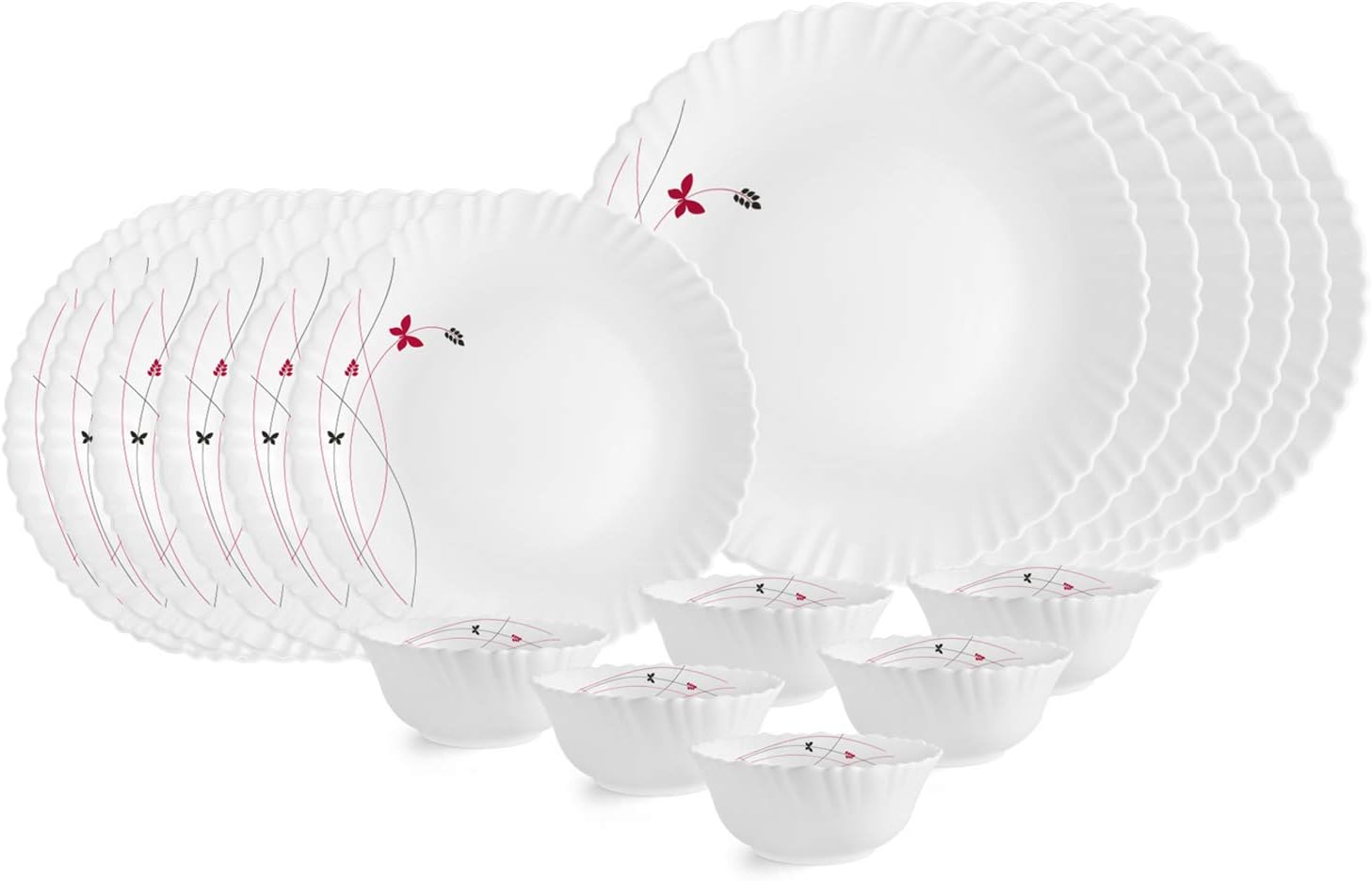 CELLO Lush Fiesta Dazzle Series Opalware Dinner Set of 18 Pieces for Family of 2 | Bone-Ash Free & Leadfree Opal Glass, Microwave & Dishwasher Safe, Plates & Bowls Crockery Set for Dining & Gifting