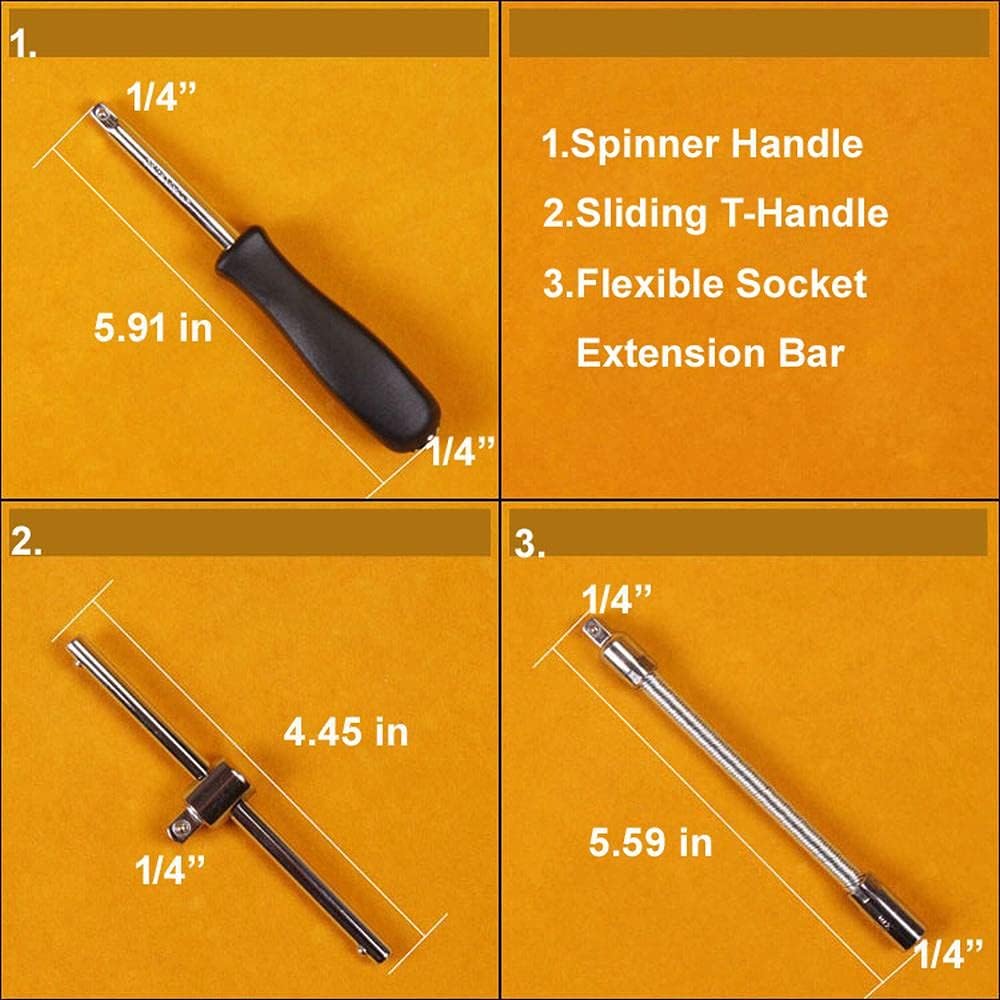 1/4" Drive Spinner Handle with 1/4" Drive Sliding T-Handle and Flexible Socket Extension Bar Set(3pcs)