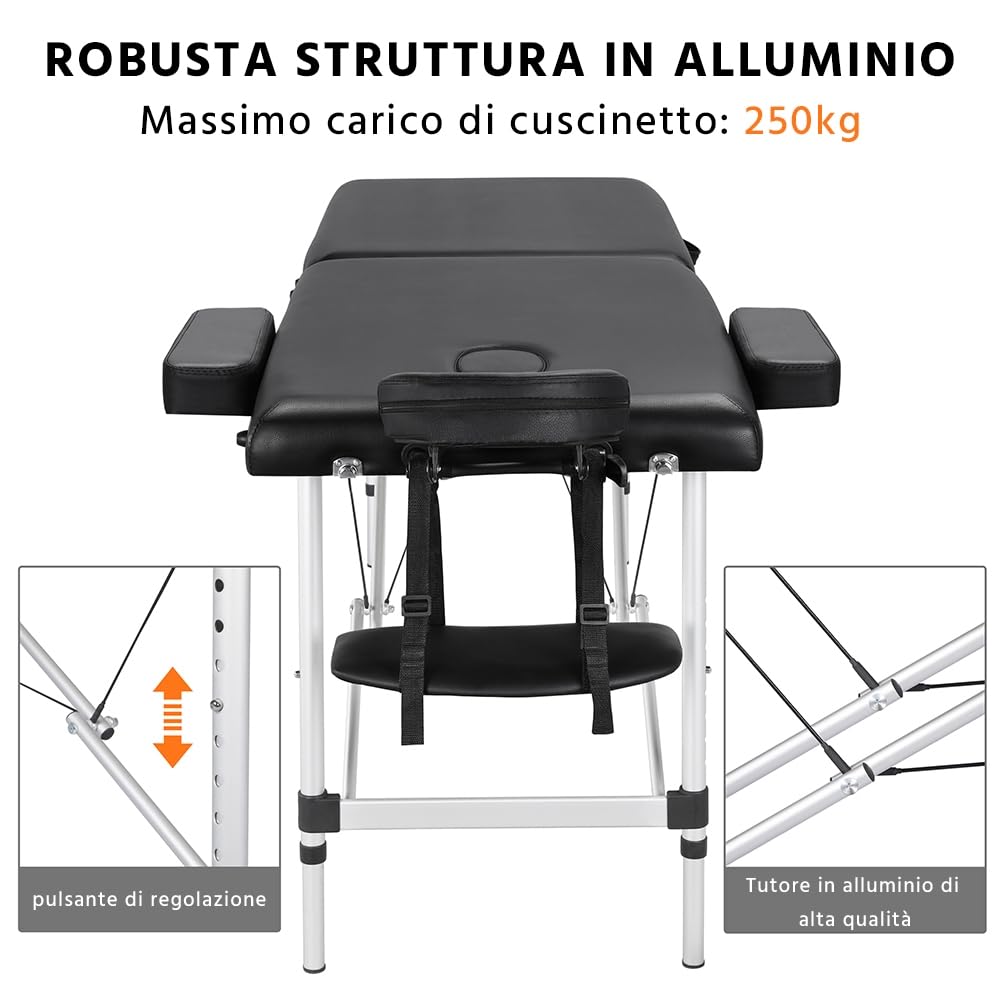 Yaheetech Lettino da Massaggio Pieghevole Portatile Professionale a 2 Zone Alluminio per Fisioterapia Portata 250 kg Altezza Regolabile Poggiatesta e Briaccioli Rimovibili con Borsa 213 x 60 cm Nero