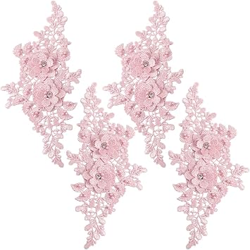 4Pcs Pink Floral Embroidery Applique Beaded Flower Rhinestone Appliques 3D Polyester Lace Pearl Crystal Sew on Patches for Sewing Making Clothes Wedding Gowns Costumes Accessories Supply
