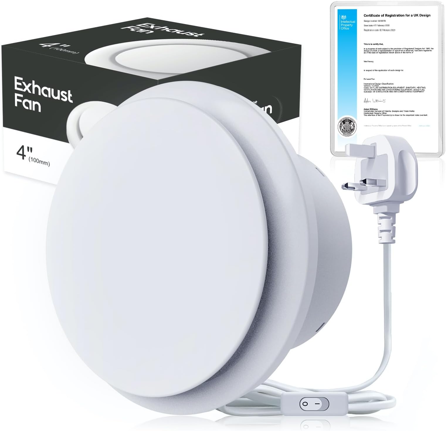 100mm / 4 inch Extractor Fan Bathroom with Switch - Upgraded Silent Powerful and Energy-Efficient Ventilation Fan for Window Wall and Ceiling - Ideal for Bathroom Shower Toilet Attic
