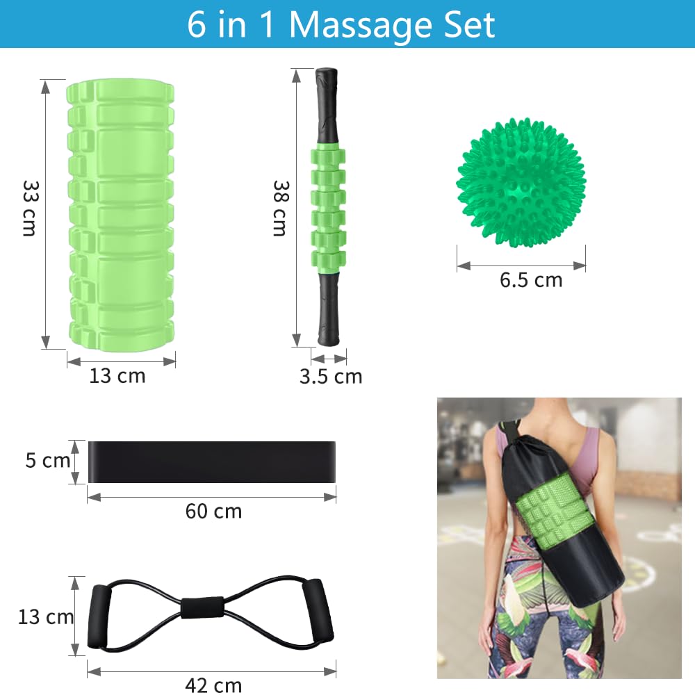 Rullo Massaggio Muscolare, Qveetry 6 in 1 Foam Roller Rullo in Schiuma Pallina Massaggiante Bastone Massaggio bande di resistenza per Stretching Yoga Pilates Rilascio Miofasciale