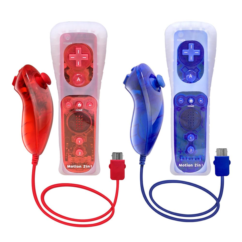 SONVIEE Manette de Wii Remote Controller avec Motion Plus et Nunchuck Contrôleur Joystick Télécommande de Remplacement pour Wii avec étui en Silicone et Dragonne (Rouge&Bleu)