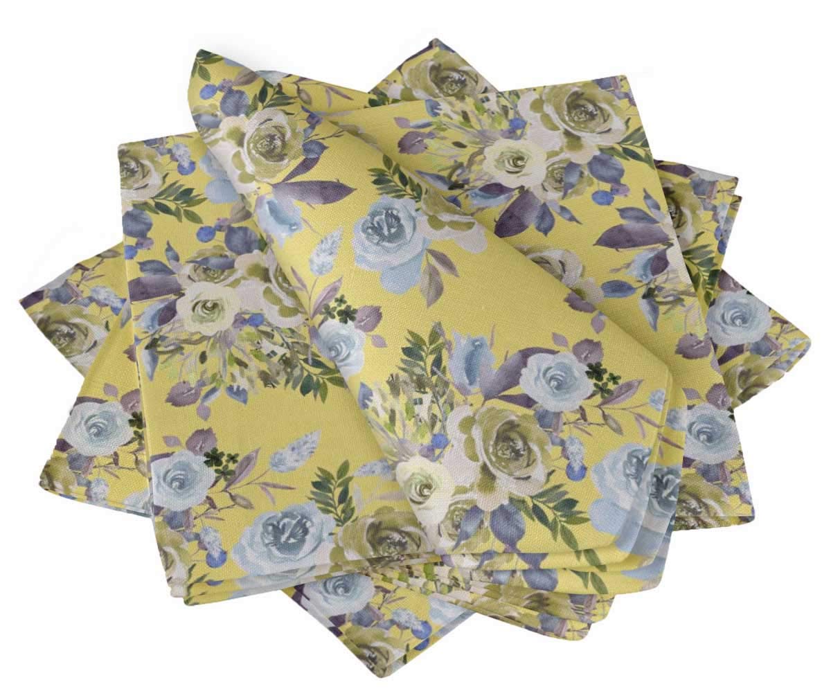 Serviette de cocktail rose floral jaune S4Sassy 20x20 cm en tissu coton imprimé lot de 6
