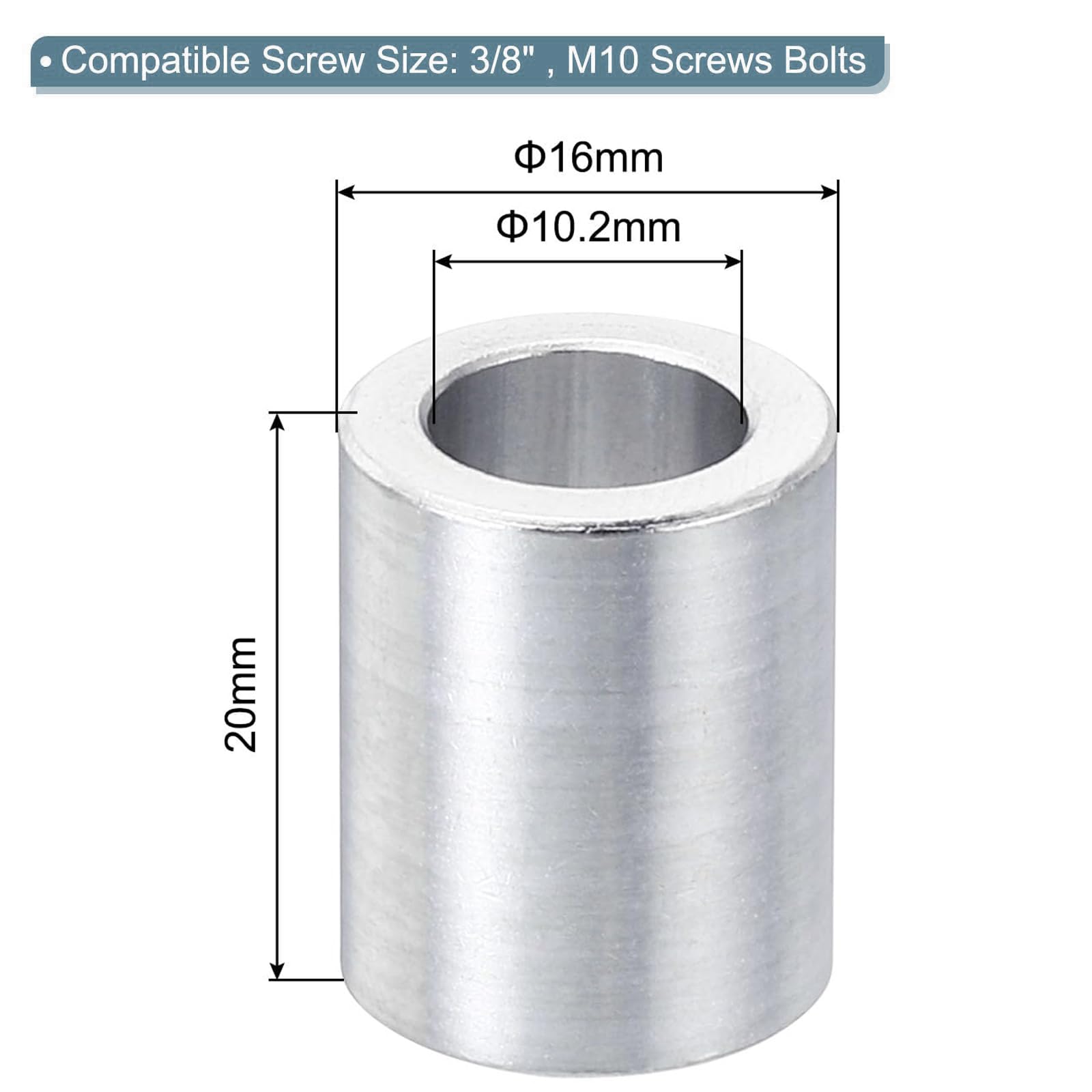TOP-VIGOR 5Pcs M10 Aluminum Spacer, 10.2mm ID x 16mm OD x 20mm Length Metal Spacer - Image 2