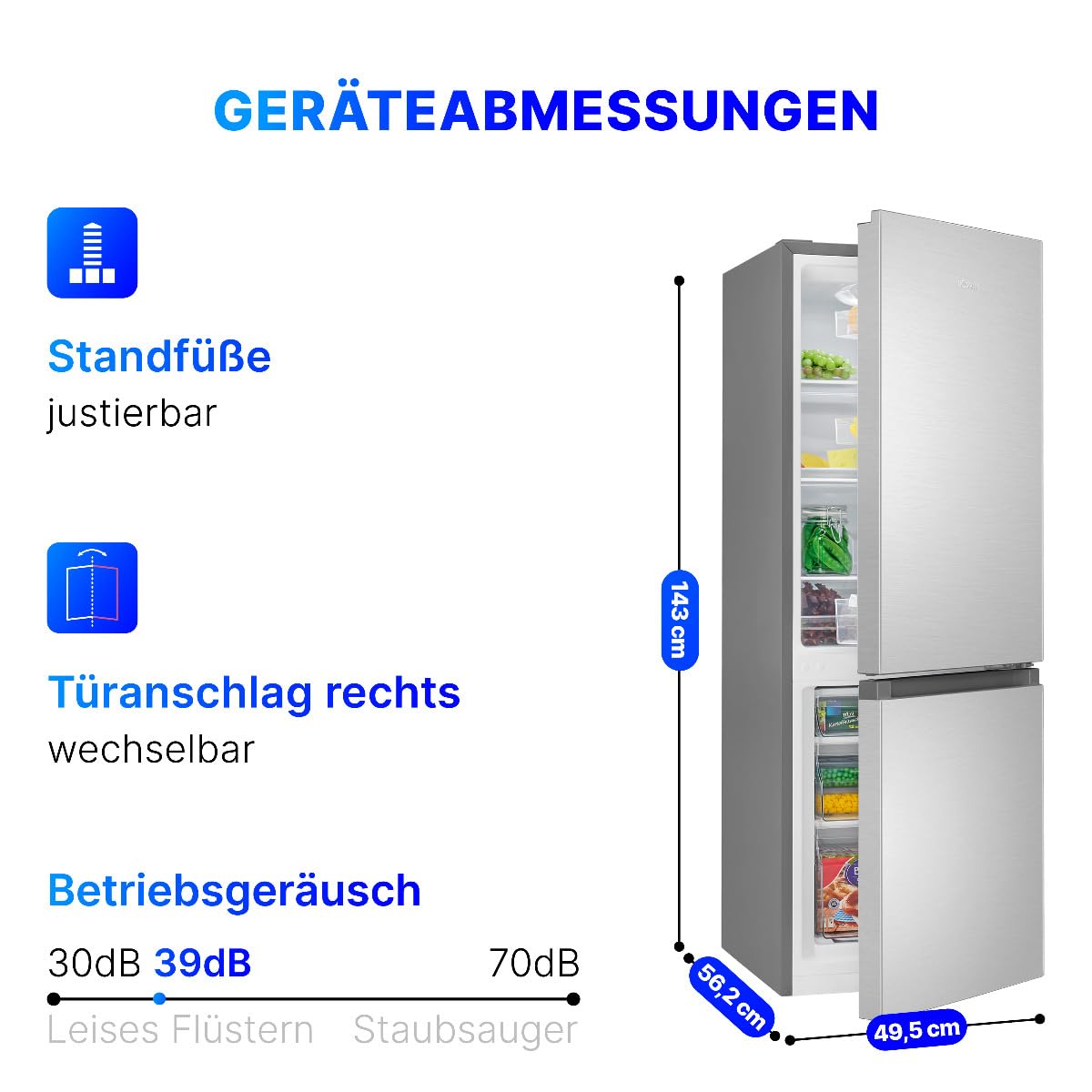 Bomann® Kühlschrank mit Gefrierfach | Energieklasse D | 143cm | Kühl Gefrierkombination leise 39 dB | 3 Ablagen & 3 Schubladen | Türanschlag wechselbar | 175L Kühlgefrierkombi | KG 322.1 inox