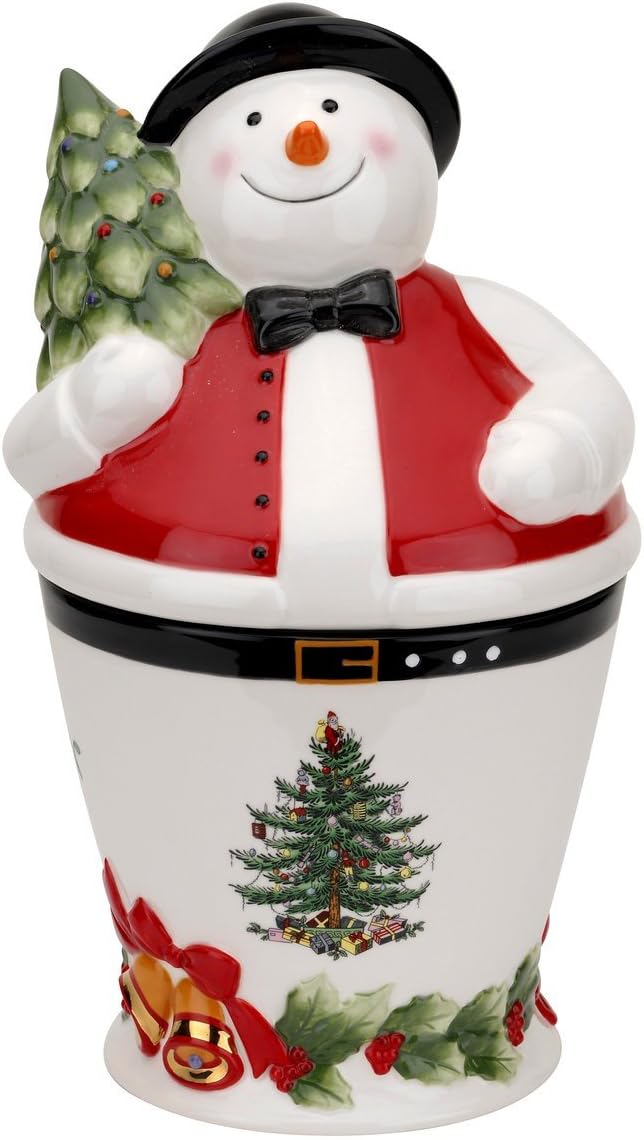 Spode Christmas Tree Mr. Snowman Cookie Jar - 10" Dolomite Christmas Cookie Jar with Lid - Winter-Themed Candy Jar for Kitchen Counter, Holiday Cookie Container, Festive Kitchen Decor, Seasonal Gift