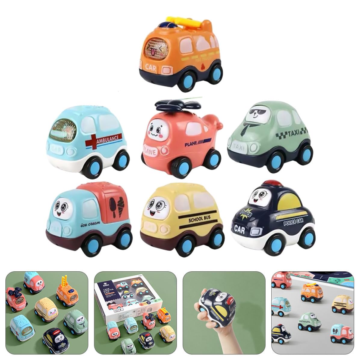 Set di 7 Macchinine a Retrocarica in Abs per Bambini | Movimento a Inerzia senza Batteria, Superfici Lisce senza Spigoli, per Compleanno e Festa dei Bambini Colore Casuale